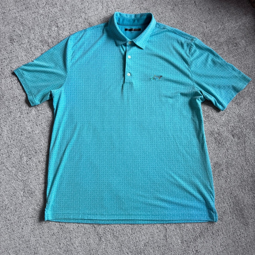 2/$20 Greg Norman Men’s XXL Golf Polo Teal Blue Geometric Shark Logo Shirt